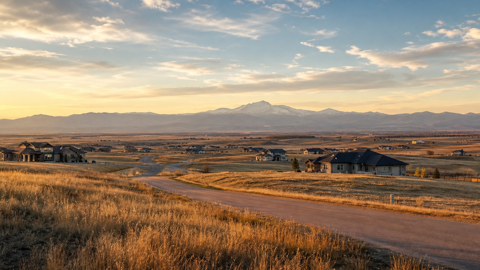 Conceptual Falcon and east El Paso County scene with open prairie, dispersed homes, and distant Front Range views