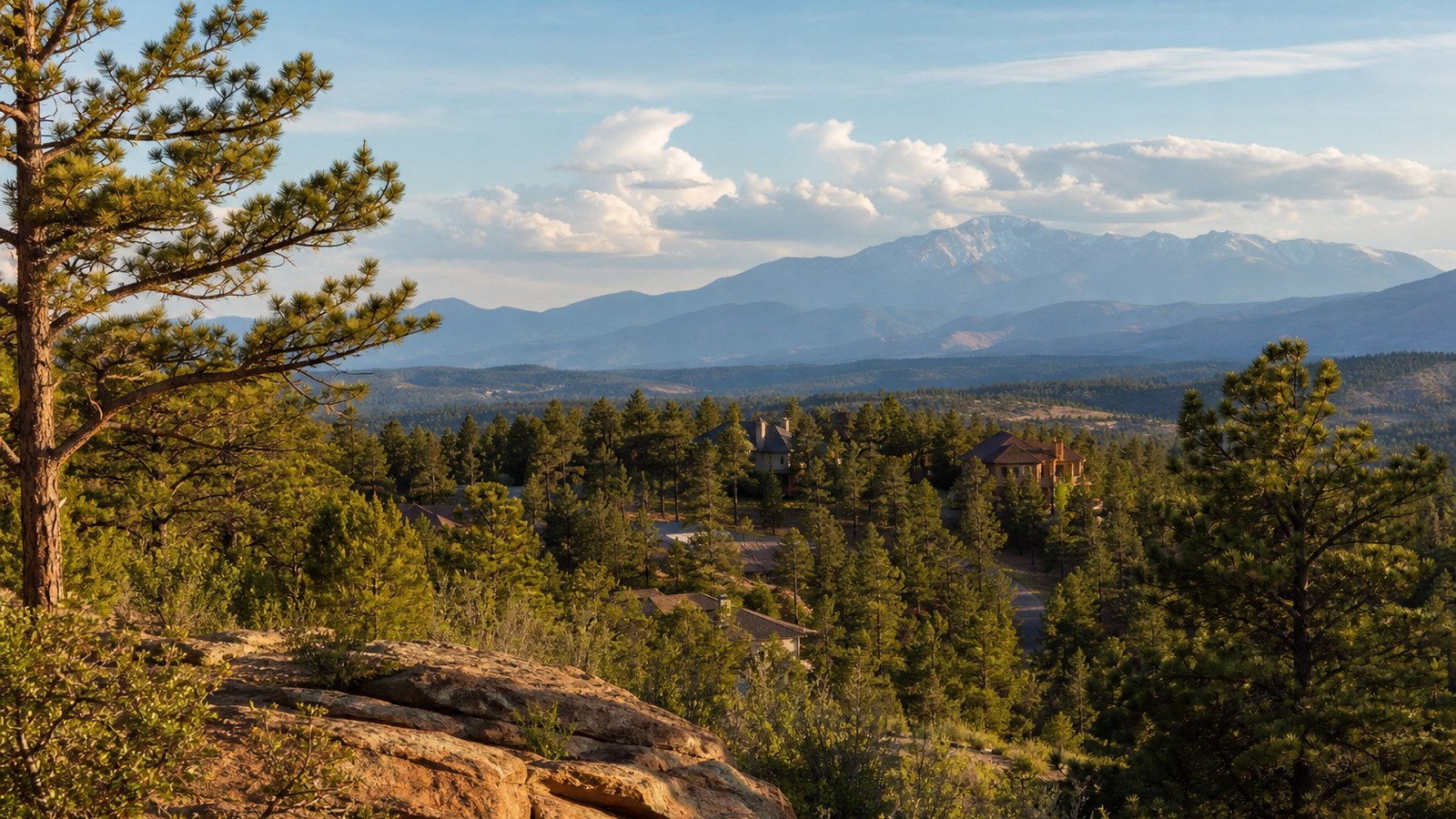 Conceptual Monument and Tri-Lakes foothills scene with pine-covered terrain and Front Range views