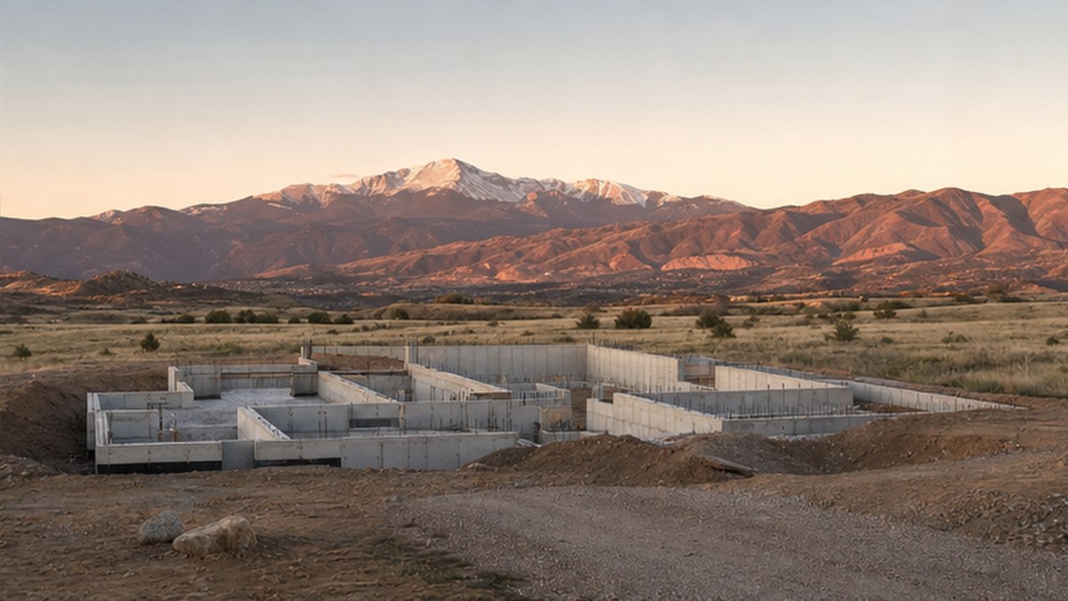 Conceptual locked-camera view of the same homesite with the foundation taking shape