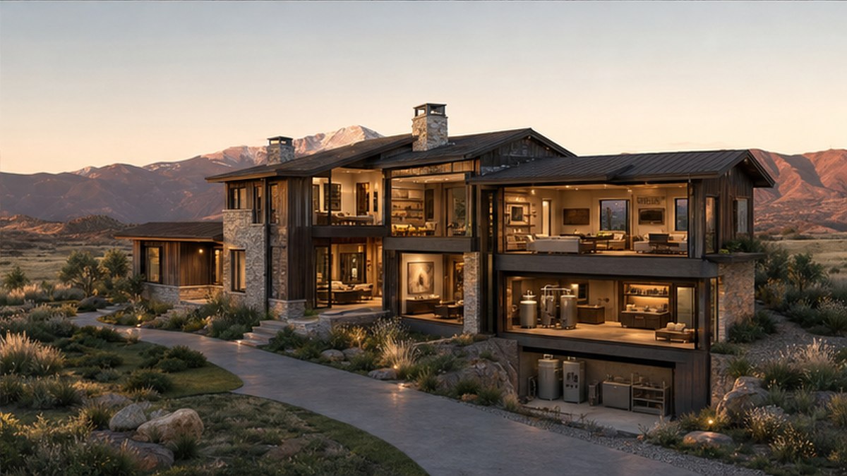 Conceptual locked-camera view of the finished home with interior spaces and systems revealed